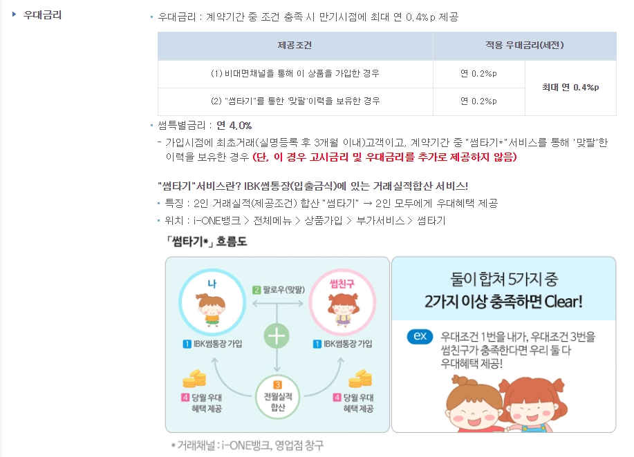 기업은행 썸통장 우대금리 조건